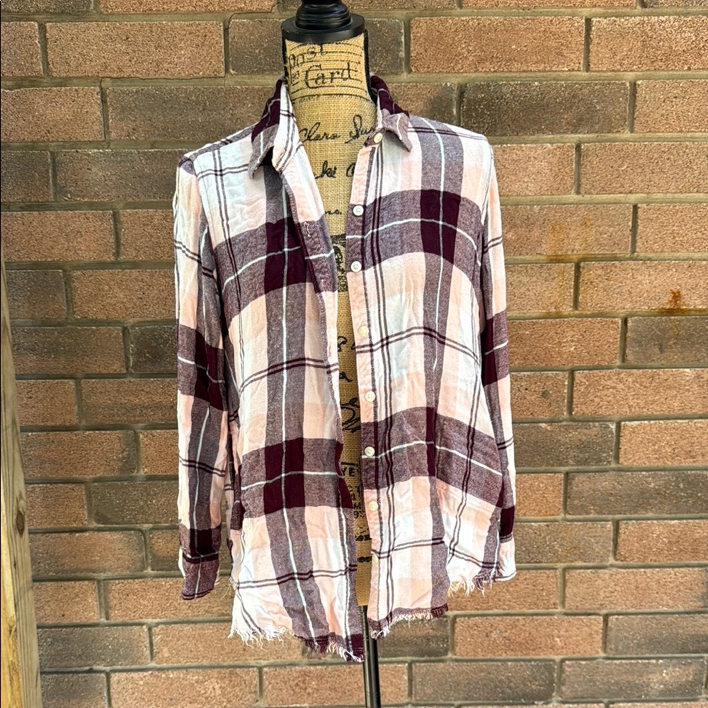 Aerie Plaid Button Down Shirt - Purple and Pink Size Medium Fringe Trim